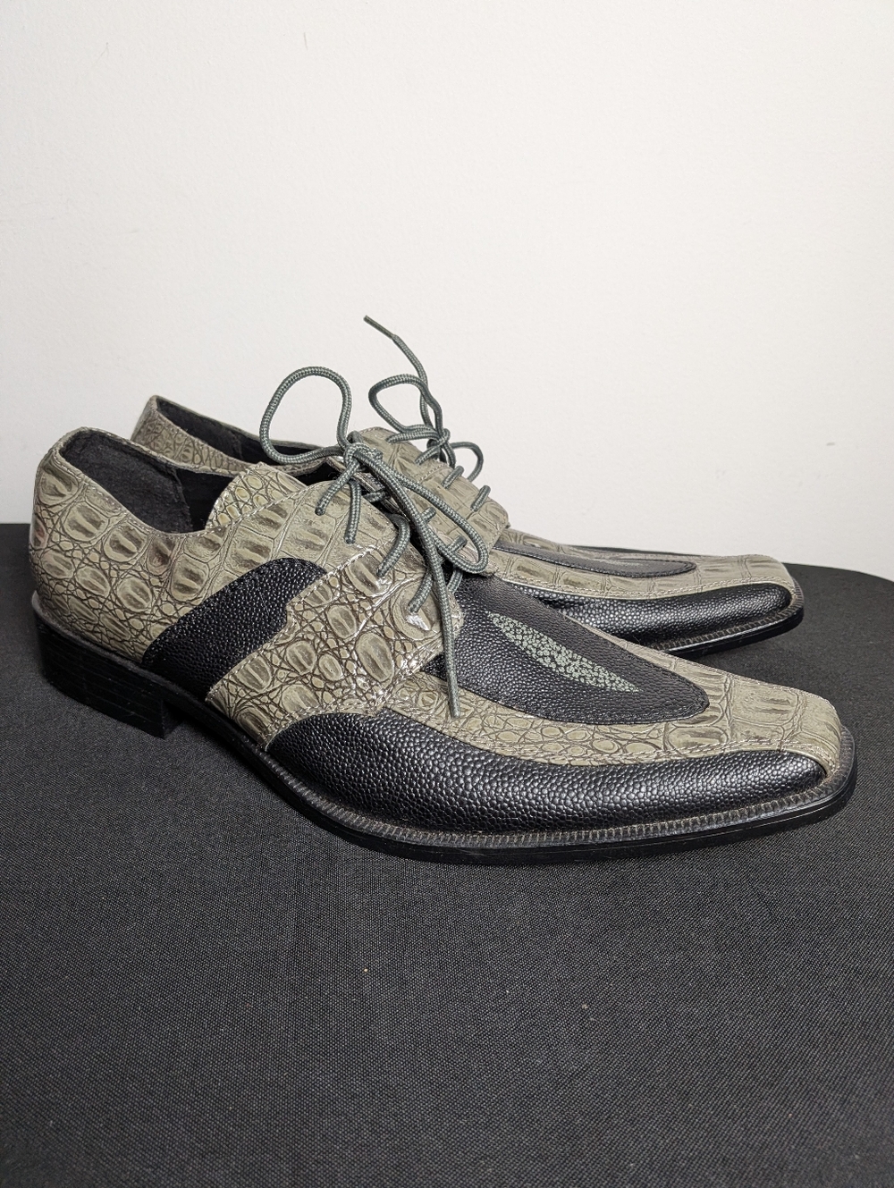 Hugo Vitelli Men's Dress Shoe Green Black Gator Crocodile Square Toe Sz 9.5